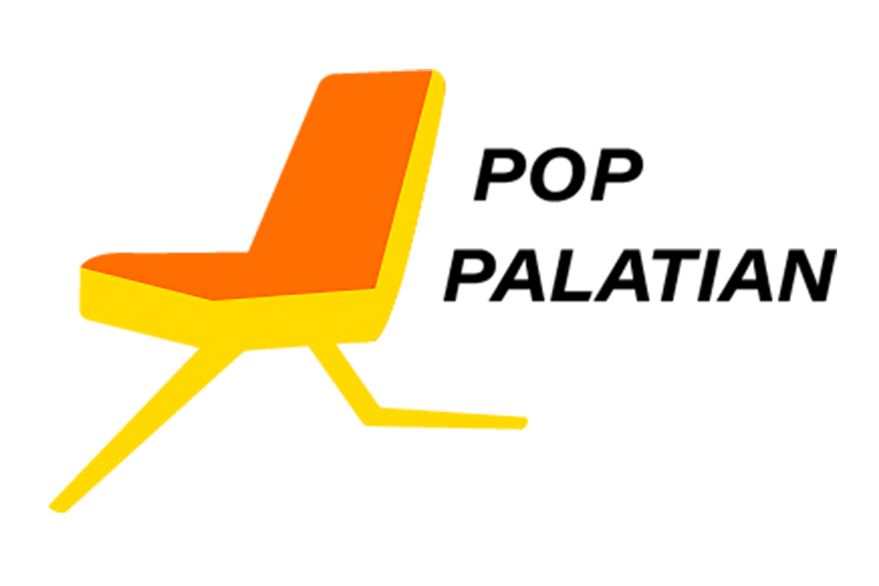 Pop palatian logo; a orange and yellow chair with two legs, running to the left with the text "pop Palatian" trailing behind