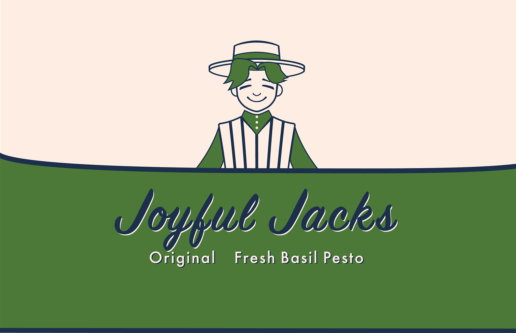 Joyful Jack pesto logo; a 1950's style illustration of the mascot with a simple cream and green color scheme