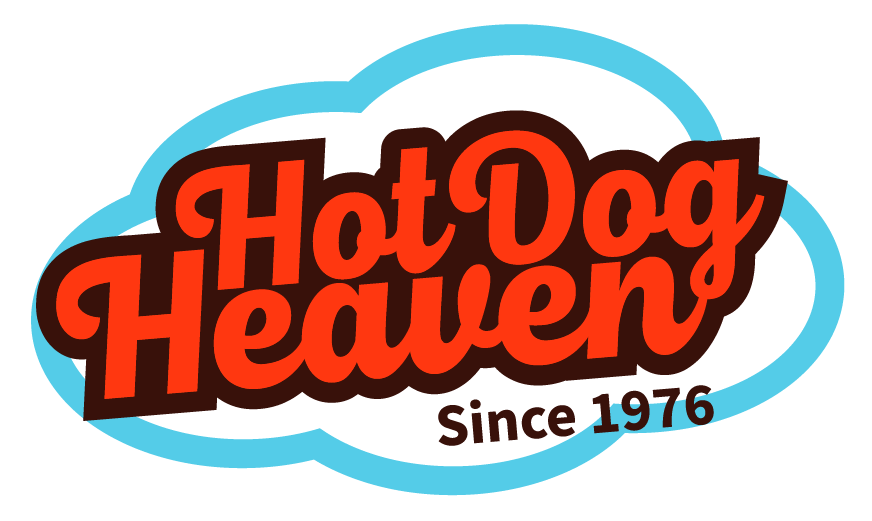 hot dog heaven logo: orange and brown type on a blue outlined cloud. since 1976