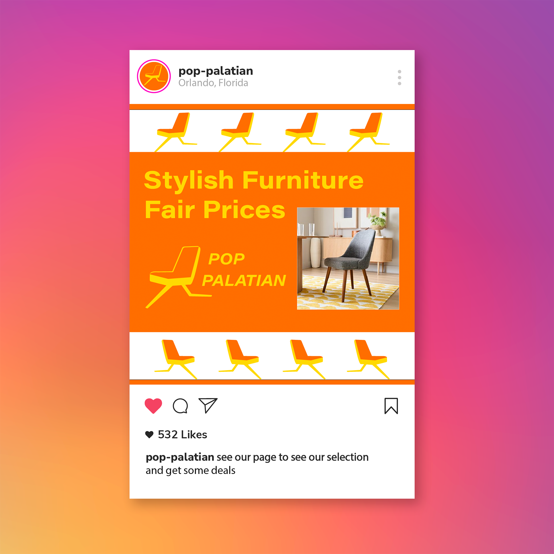 Pop palatian instagram ad: stylish furniture, fair prices