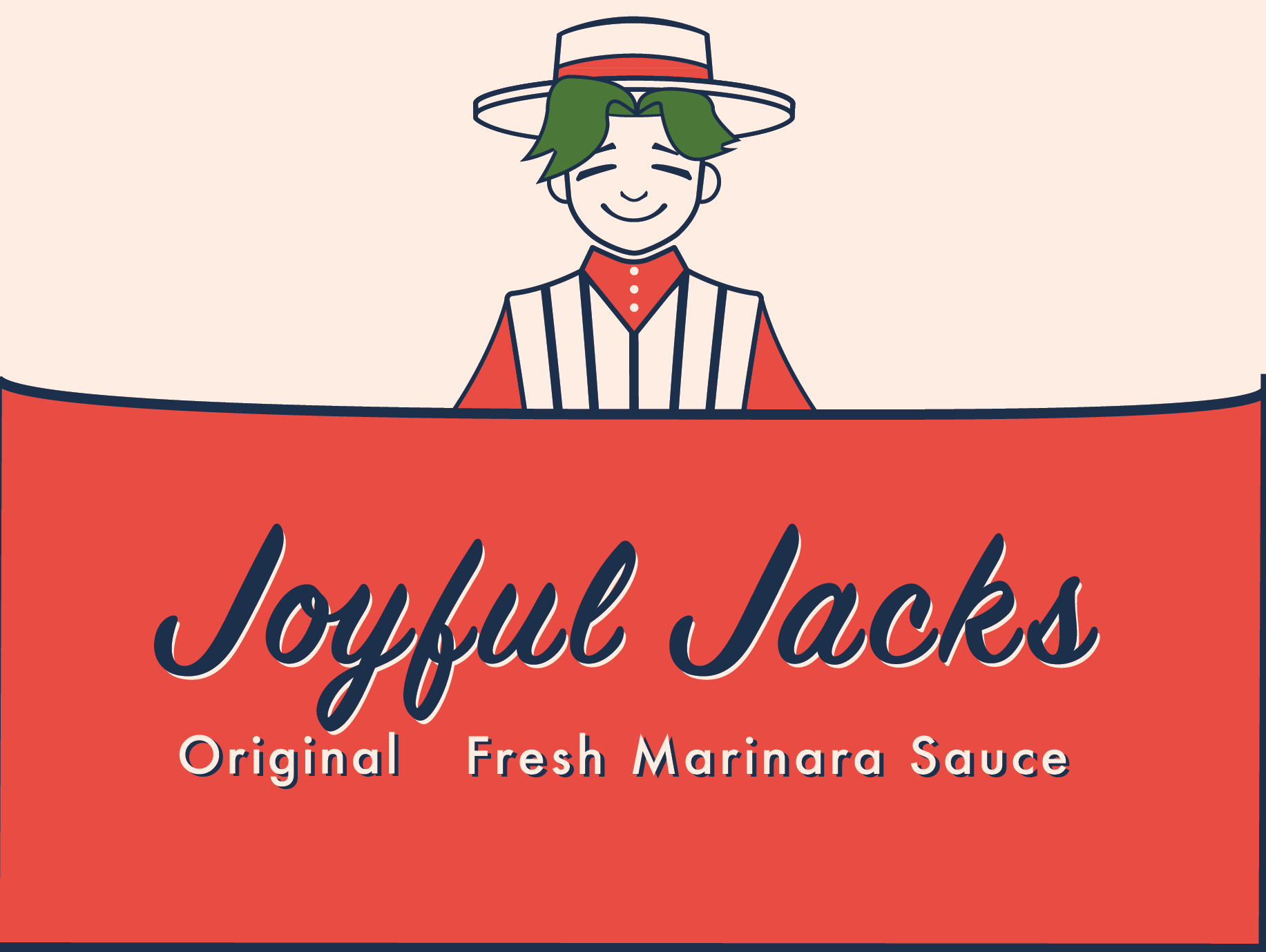 Joyful Jack marinara sauce logo; a 1950's style illustration of the mascot with a simple cream and red color scheme