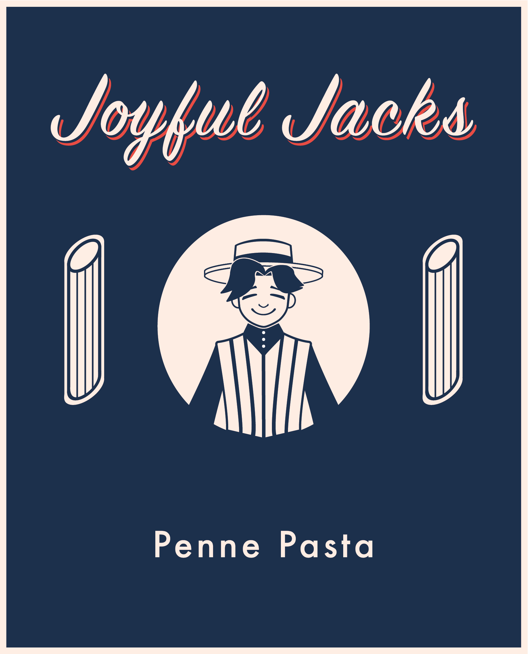 Joyful Jack pasta logo; a 1950's style illustration of the mascot with a simple cream and blue color scheme