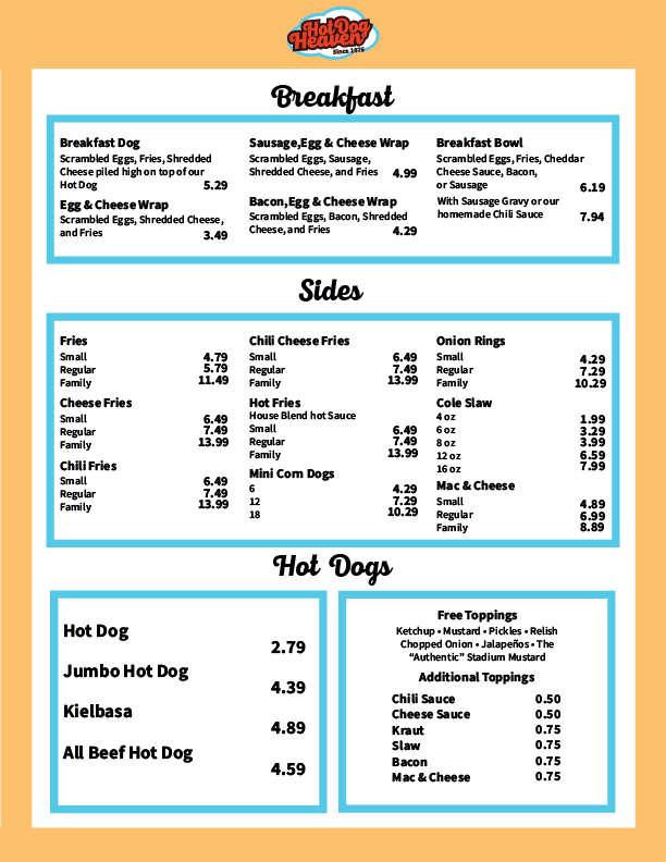 Hot dog heaven menu