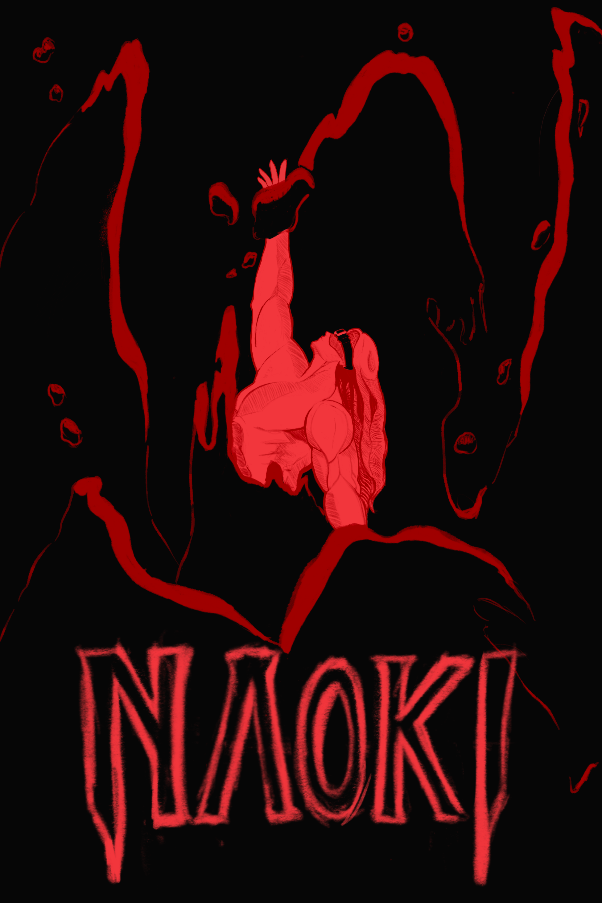 naoki advertisement; a black and red poster with the character Zato, a man with long hair and a blindfold, reaching upward with one arm.